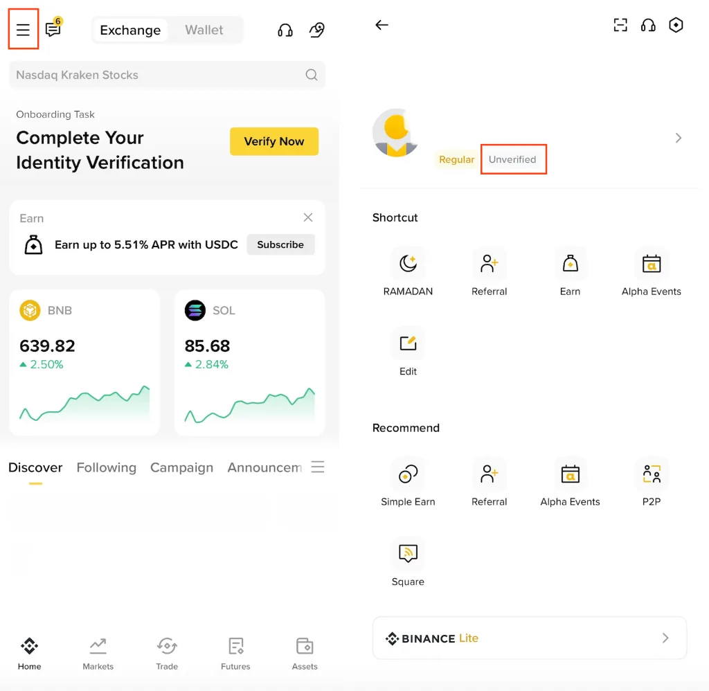 币安 App 首页与个人面板并排截图：首页顶部 Onboarding Task「Complete Your Identity Verification」带黄色 Verify Now 按钮，右侧个人面板里的「Unverified」标签被官方用红框标出，下方是 Referral、Earn、P2P 等快捷入口