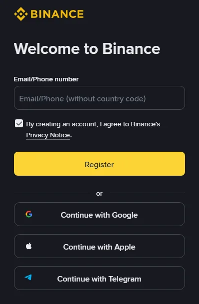 Binance qeydiyyat səhifəsi (ingilis interfeysi): “Welcome to Binance” başlığı, bir “Email/Phone (without country code)” xanası, Məxfilik Bildirişi ilə razılıq üçün işarələnmiş xana, sarı “Register” düyməsi və altında “Continue with Google”, “Continue with Apple”, “Continue with Telegram” düymələri